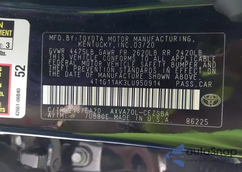 2020 Toyota Camry Se from USA, damaged, VIN 4T1G11AK3LU950914
